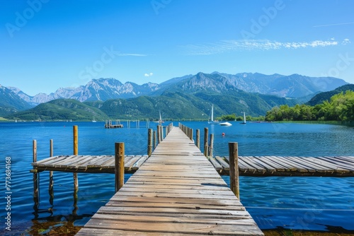 A dock extends into a calm lake with majestic mountains in the background under a clear sky