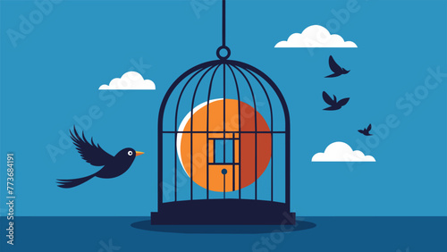 An illustration of a bird cage with one bird inside and the door tightly shut while the rest of the birds fly free outside. The caged bird