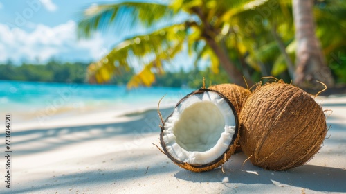 Coconuts placed on a sandy beach with palm trees in the background