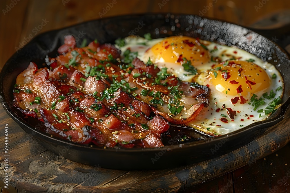 Sizzling Bacon and Glossy Fried Eggs in a Cast Iron Skillet Bathed in Warm Sunlight Rendered in a Oil Painting Style Sizzling Bacon and Glossy Fried Eggs in a Cast Iron Skillet Bathed in Warm Sunlight Rendered in a Oil Painting Style
