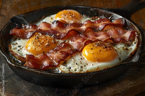 Oil Painting of Sizzling Eggs and Crispy Bacon in a Cast Iron Skillet Bathed in Warm Sunlight