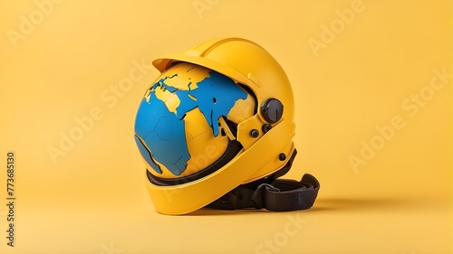 Yellow backdrop with the phrase Happy Labor Day An lonely yellow background with an earth wearing a yellow helmet. May 1st, Labour Day festivities.
