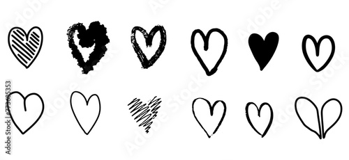 Vector illustration. Outline drawings of hearts. Hearts in different designs. Hatching.