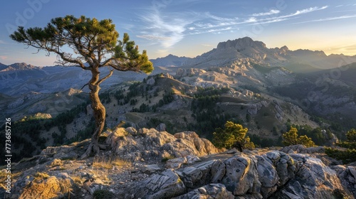 A solitary pine tree stands resilient on rocky terrain against a backdrop of mountain ranges bathed in golden sunrise light.