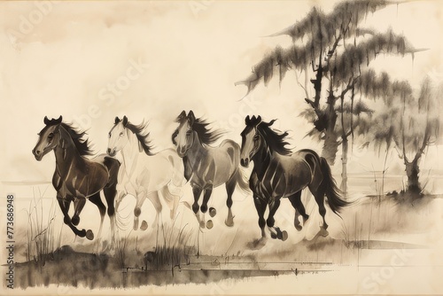 oriental ink painting with Chinese hieroglyph 