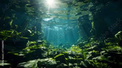 Underwater view of a group of seabed with green seagrass