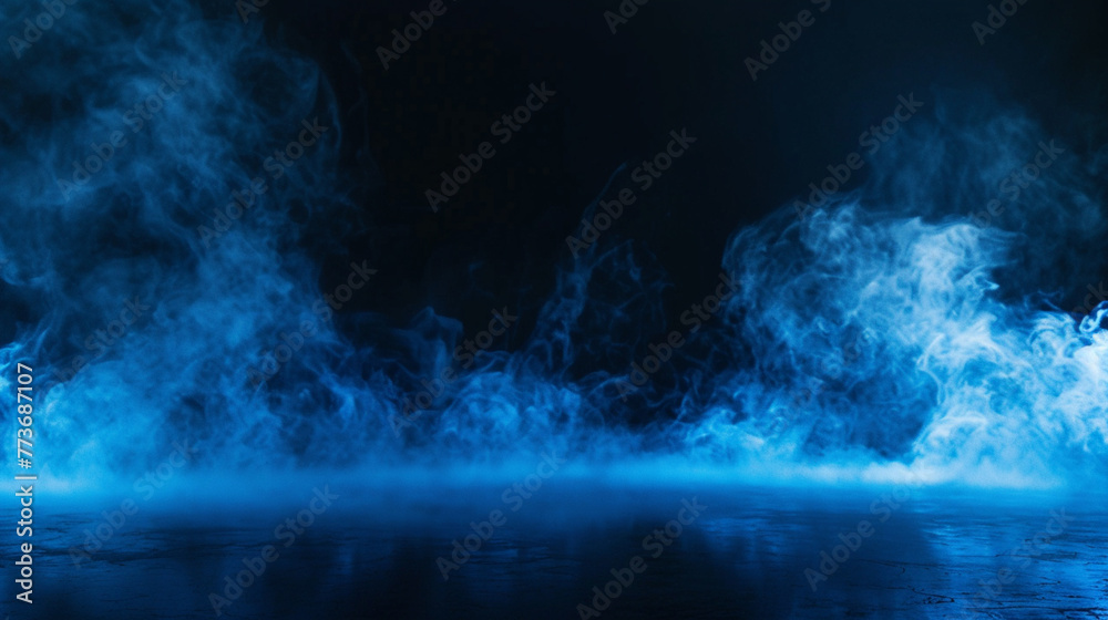 Abstract dark blue background, smoke, smog. Empty dark scene, neon light. Generative Ai