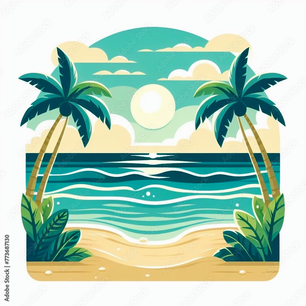 Tropical Beach in white background postcard illustration