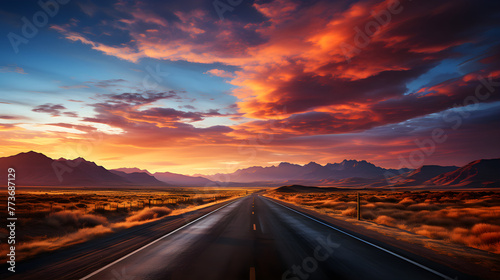 Evening light, a flat, large asphalt road stunning sky at twilight © VisualVanguard