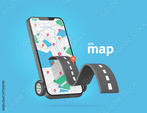 GPS walking map on smartphone with wheels on bottom resembling car. And on map there is road is winding and curved with pin destination where you want to go, vector 3d illustration for design