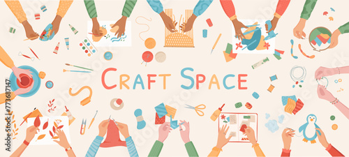 Creative craft space activity concept illustration, top view handmade craftwork vector background, handicraft DIY workshop collection, colorful isolated hands making hobby work banner.