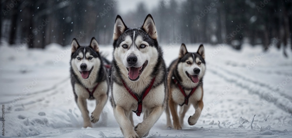 Sled Dogs in Snow - Team of Siberian Huskies Mid-Run - Winter Adventure and Canine Excitement - Generative AI Sled Dogs in Snow - Team of Siberian Huskies Mid-Run - Winter Adventure and Canine Excitement - Generative AI