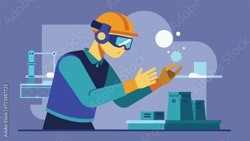 A worker wearing AR goggles using their hands to virtually grab and rotate a 3D model of a faulty part allowing for easier identification and