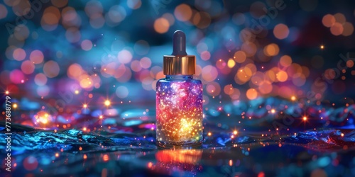 Enchanting 3D render of a magical, glowing serum dropper, with a swirling, galaxy-like liquid inside and tiny, twinkling star-shaped particles suspended in a 4. shimmering, iridescent formula photo