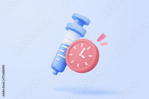 3d alarm clock with medical medication syringe and pharmacy drug icon. Vaccination medical equipment, healthcare medicine. medical pharmacy medicament. 3d medicine cure icon vector render illustration