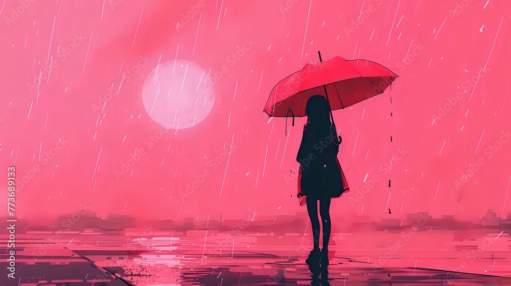 Lonely Girl Standing Under Umbrella: Rainy Pink Sky, Deep Thoughts