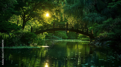 A picturesque view of a serene moonlit bridge surrounded by lush greenery and still waters conveys a sense of calm and tranquility . . © Justlight