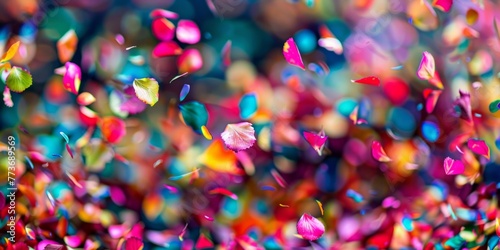 A vibrant bunch of confetti in various colors floats gracefully through the air