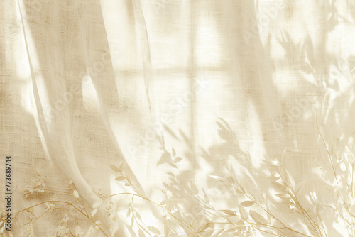 Boho wedding backdrop with natural light shadows on beige linen cloth texture.  #773689744