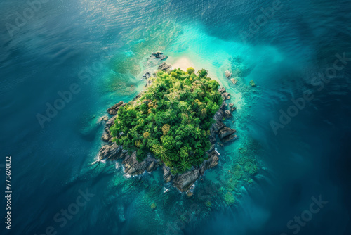 A small island with a forest on it is surrounded by water © Formoney