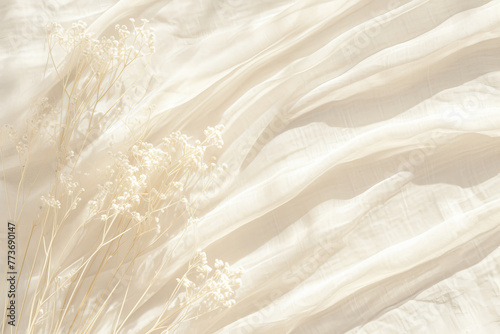 Boho wedding backdrop with natural light shadows on beige linen cloth texture. 