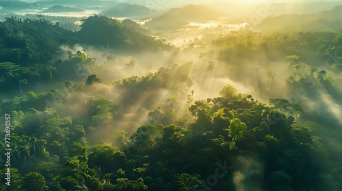 Asian Rainforest Aerial  Tropical Mountain Range Enveloped in Morning Mist