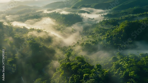 Aerial Perspective  Asia s Tropical Rainforest with Morning Mist Over Mountains