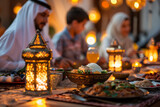 A family is gathered around a table with food and lanterns