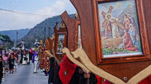 Procession of Jesus Nazareno del Santo Via Crusis, Holy week in Antigua Guatemala. photo