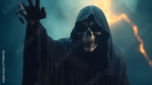 The grim reaper holding his finger over a misty room 