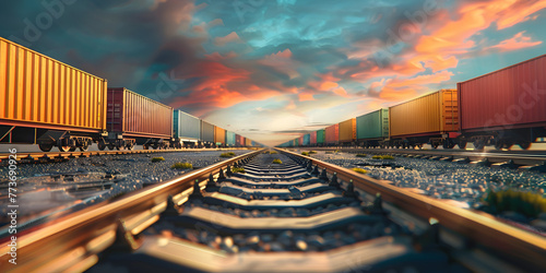 Tracks of wonder container trains glide across sky blue horizon against clouds backdrop