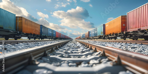 Railway track with string of container trains with sky blue  and clouds background photo