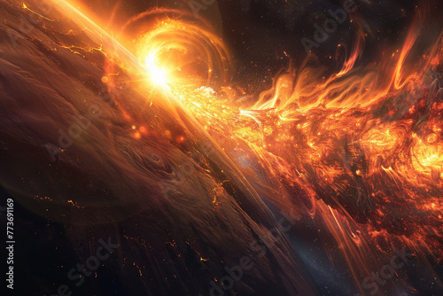 A fiery explosion in space with a bright sun in the background