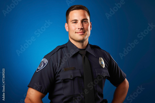 A handsome police officer in uniform, standing confidently against a solid blue wall background.
