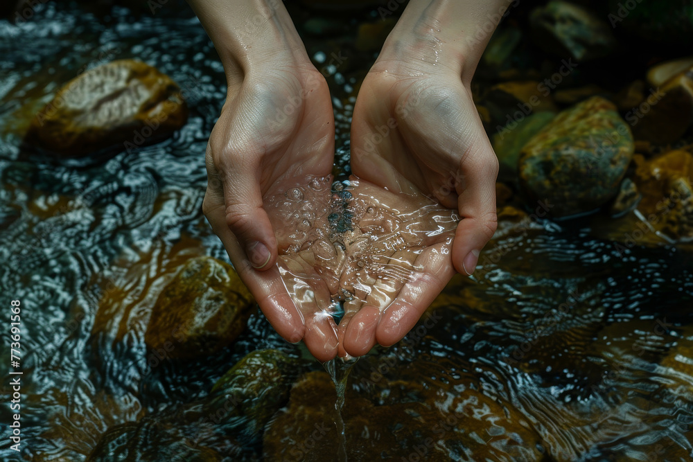 Fototapeta premium A person is holding their hands under a stream of water