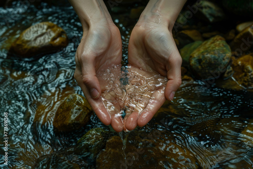 A person is holding their hands under a stream of water