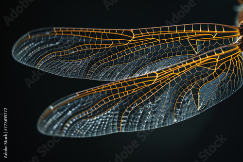 The wing of a dragonfly is shown in a close up