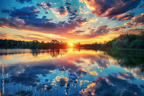 A beautiful sunset over a lake with a reflection of the sun in the water