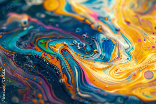 A colorful swirl of paint with blue, yellow, and orange colors