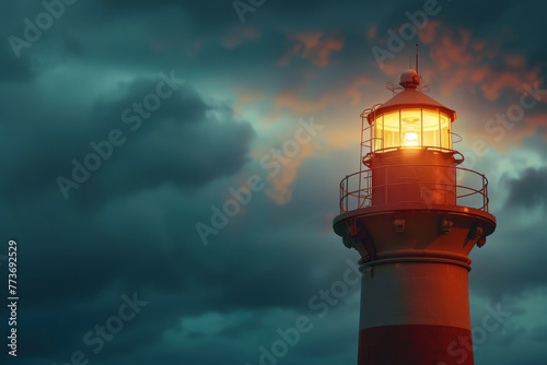 A lighthouse is lit up in the dark sky