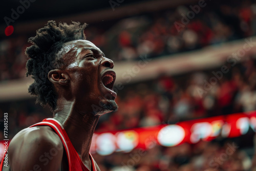 A basketball player is in the middle of a game, with his mouth wide open photo
