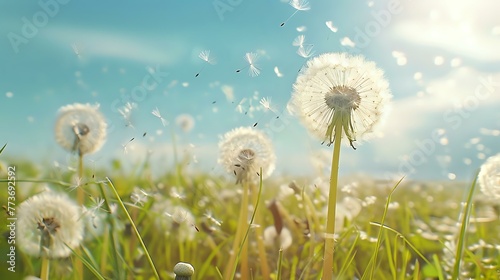 Whirling Dandelion Seeds  Summer Winds Sweep Through Sunlit Meadow Scene