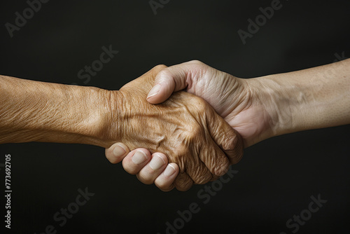 Two hands shaking hands, one of which is old
