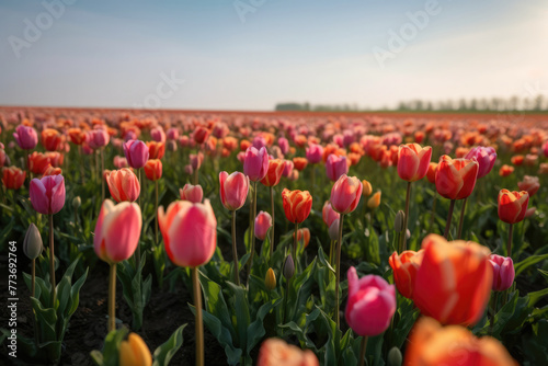 Field of red-pink tulips  sunny day  spring  nature landscape  outdoors. Natural flowers banner with copy space. Greeting card for spring holidays.