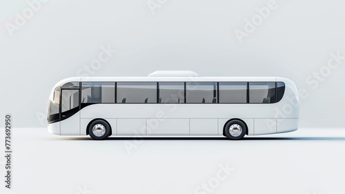 3D white modern luxury bus with black color details, side view, on the isolated background of pure white color