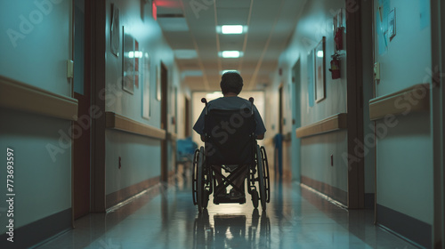 In the bustling corridors of a hospital, a disabled patient in a wheelchair is accompanied by a caregiver, navigating towards the doctor's office, with medical equipment lining the walls