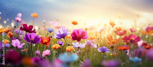 Expansive field filled with vibrant blossoms basking in the warm sunlight streaming from the background © AkuAku