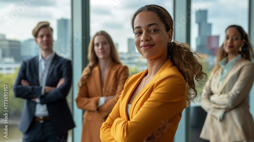 In a bustling office overlooking the Amsterdam skyline, a confident businesswoman stands at the helm of her team, each member exuding professionalism and dedication photo