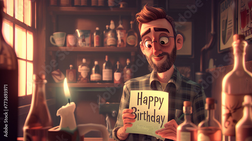 Father Holding Birthday Card for his kdis, Happy Fathers Day, Generative AI