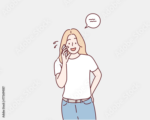 woman talking on mobile phone. Hand drawn style vector design illustrations.